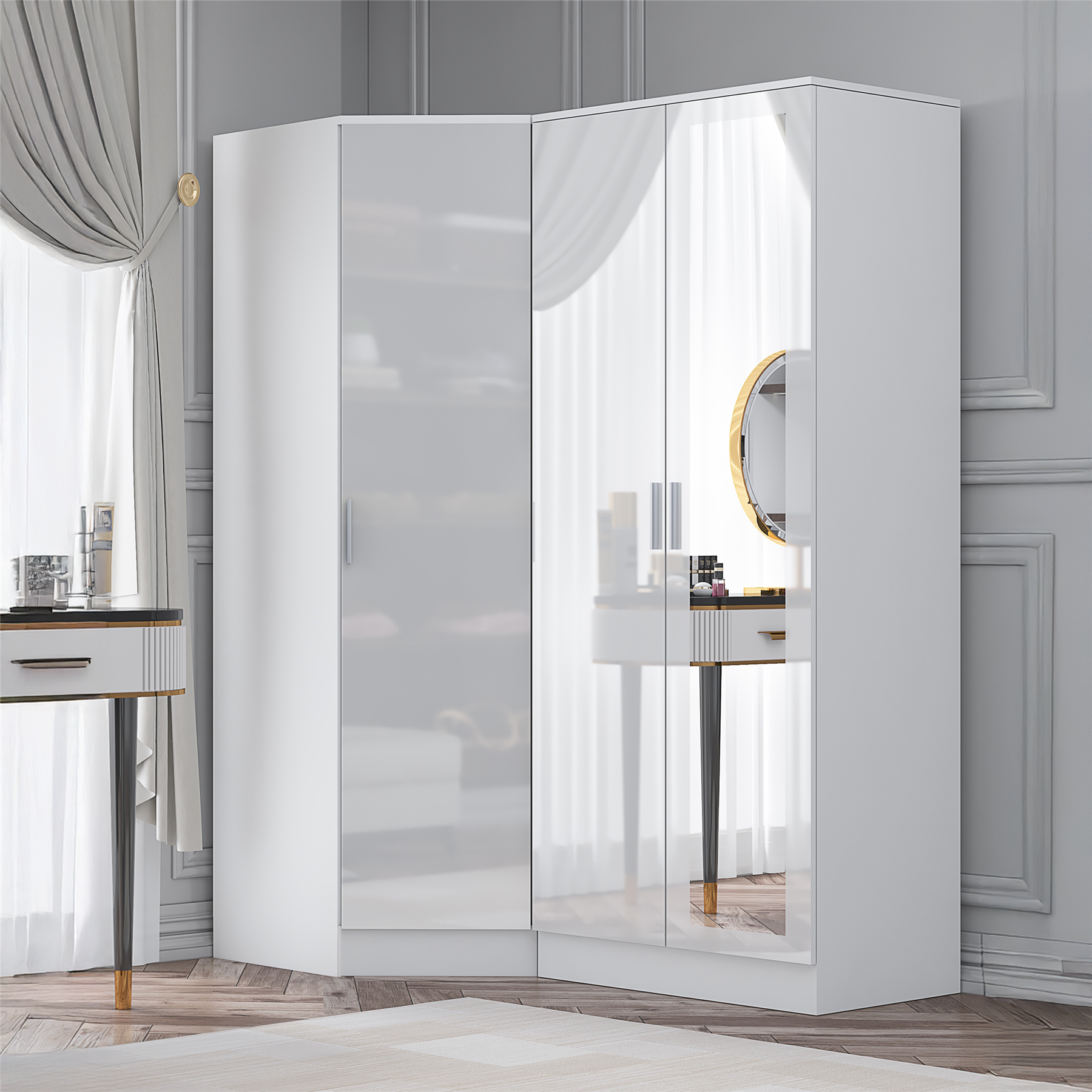 REFLECT - 1 Door Corner + 2 Door Mirror Wardrobe in Gloss White / Matt White