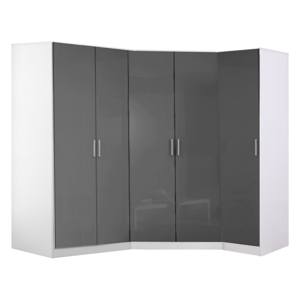 Reflect 3pc Wardrobe Bundle - 2 Door Corner + 2 Door Plain + 1 Door Plain - Grey Gloss & Matt White - H: 180cm x W: 179cm