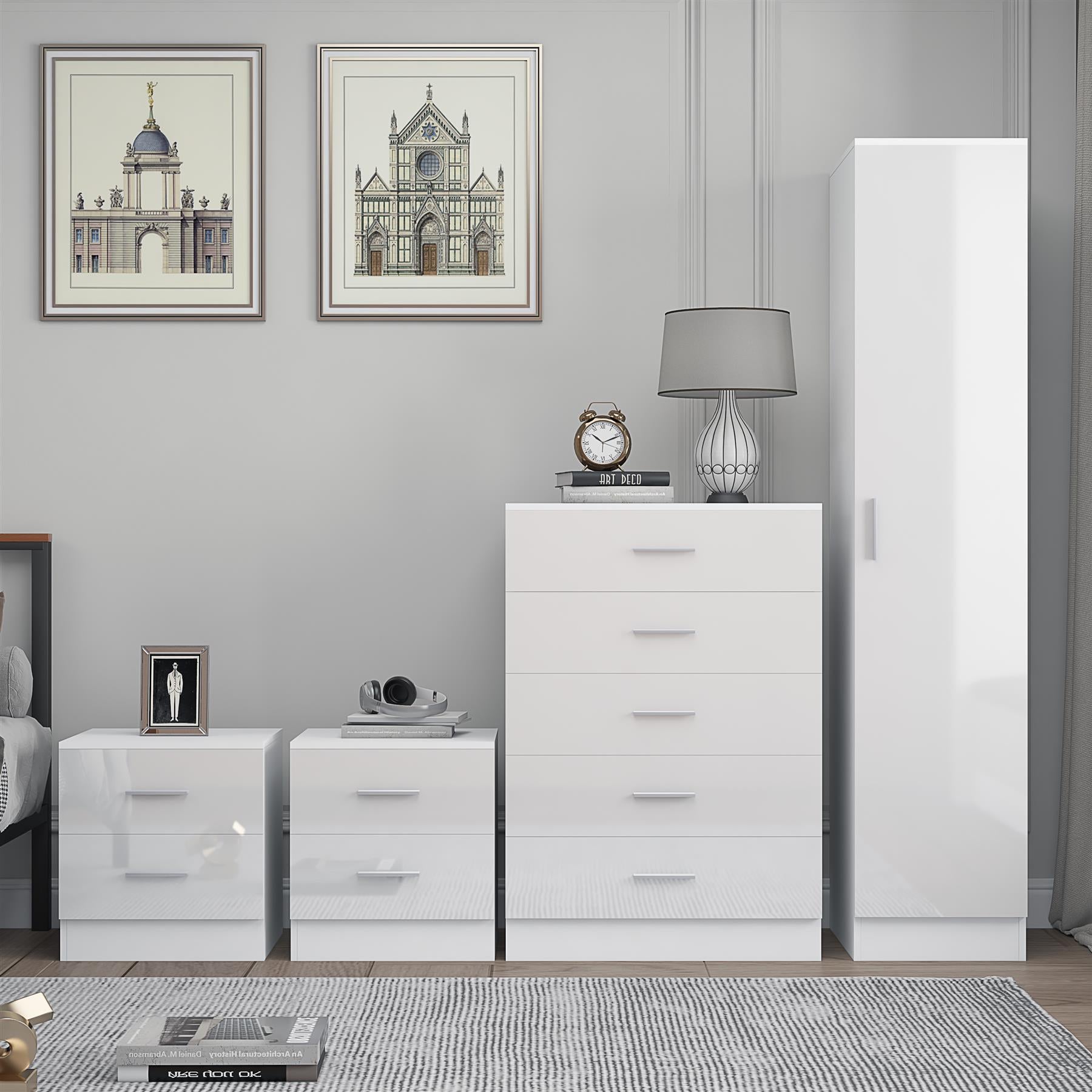 REFLECT Gloss 4pc Bedroom Set - 1 Door Wardrobe + 5 Draw Chest + 2 Bedsides