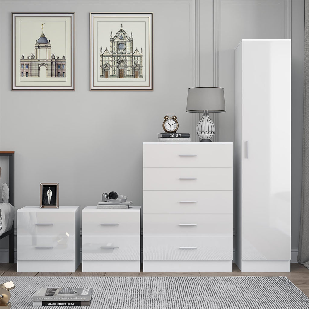 Reflect 1 Door Plain Wardrobe, 5 Drawer Chest, 2x 2 Drawer Bedsides - White Gloss & Matt White - Modern Bedroom Furniture Set