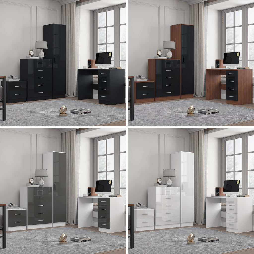 REFLECT Gloss 4pc Bedroom Set - 1 Door Wardrobe + 5 Draw Chest + Bedside + Desk