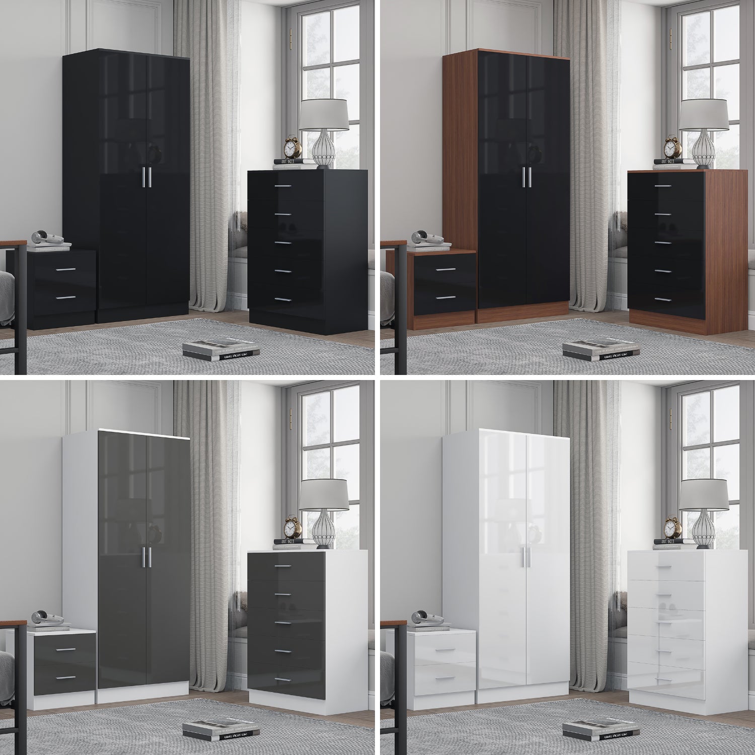 REFLECT Gloss 3pc Bedroom Set - 2 Door Wardrobe + 5 Draw Chest + Bedside