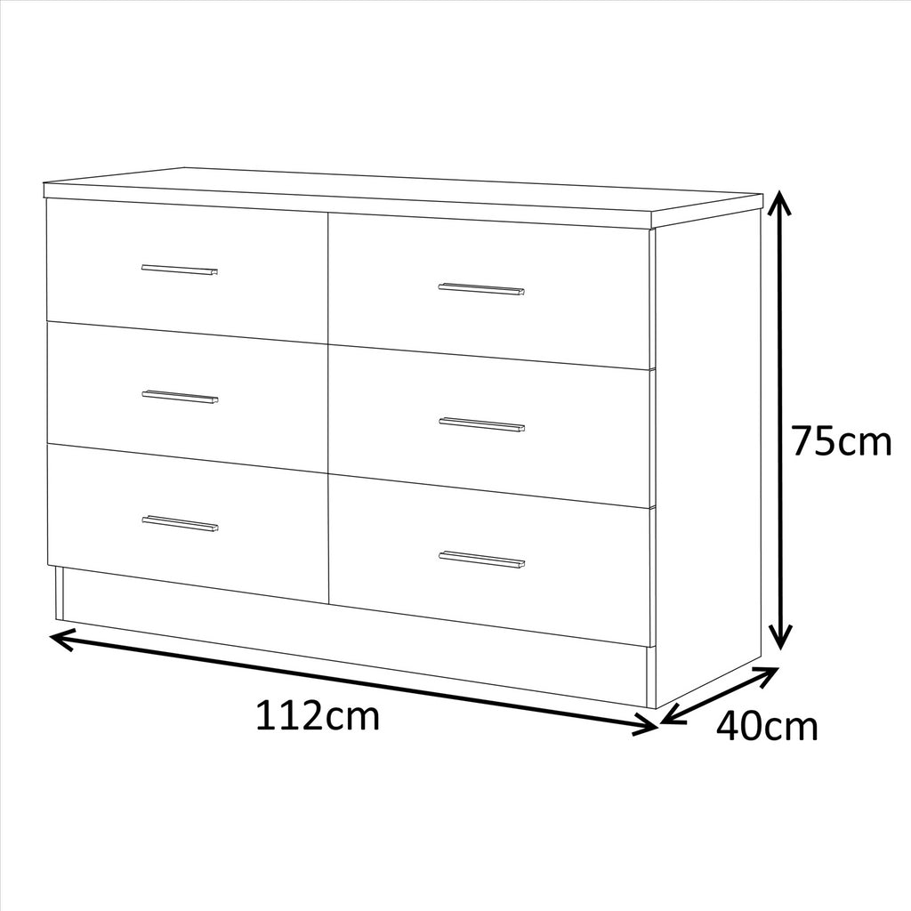 Reflect Wide 6 Drawer Chest - White Gloss & Matt White - Modern Bedroom Storage Unit with Drawers - H: 75cm x W: 112cm x D: 40cm