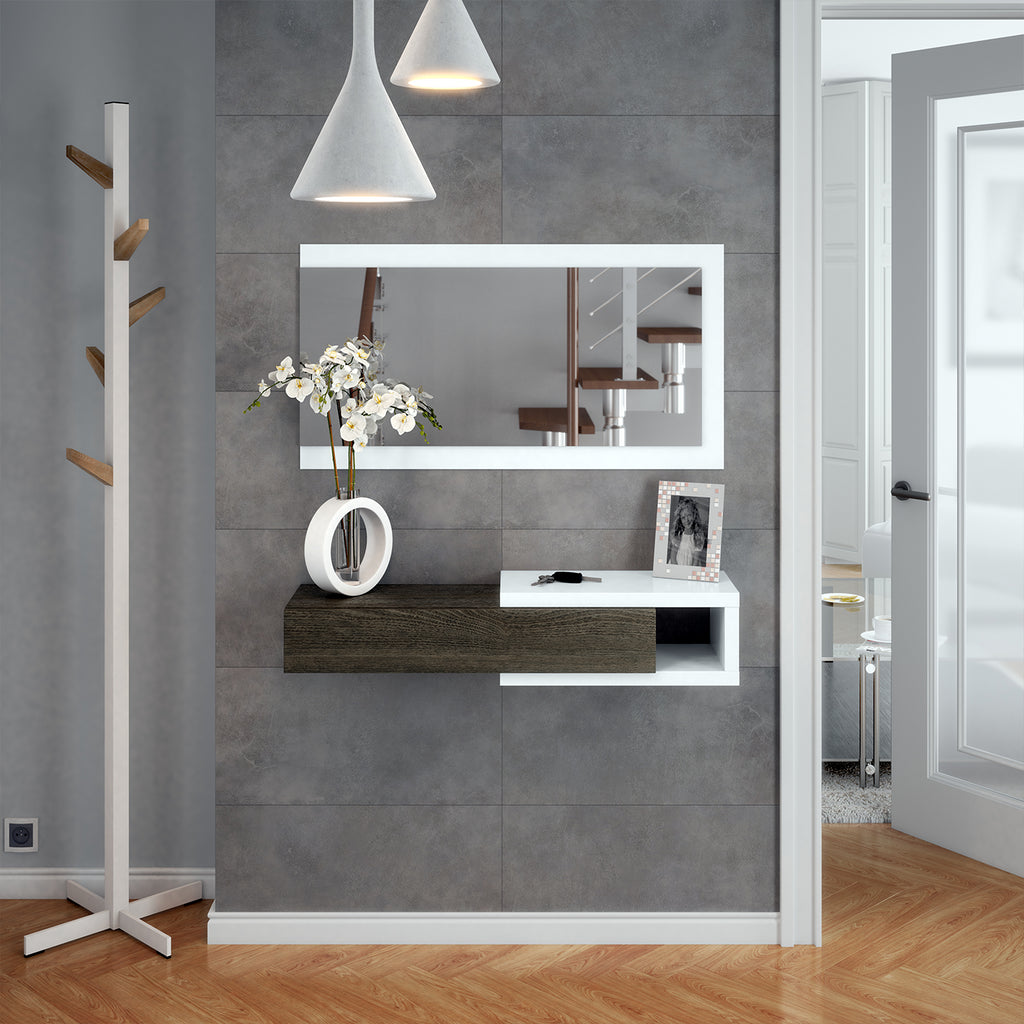 NOON White & Dark Wood Floating Hallway Storage Unit with Drawer and Mirror