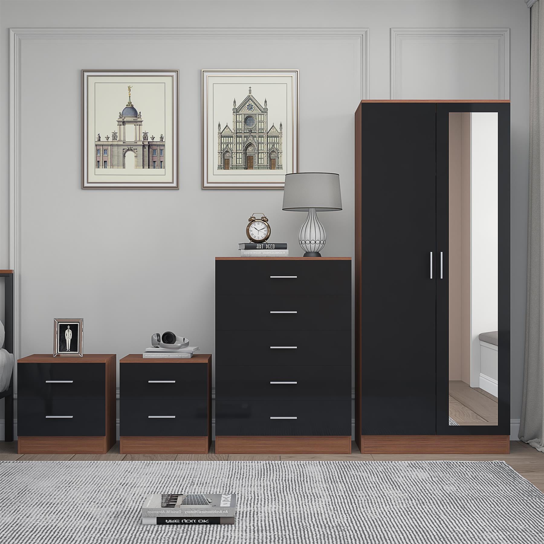 Reflect 2 Door Mirror Wardrobe, 5 Drawer Chest, 2x 2 Drawer Bedsides - Black Gloss & Walnut - Modern Bedroom Furniture Set