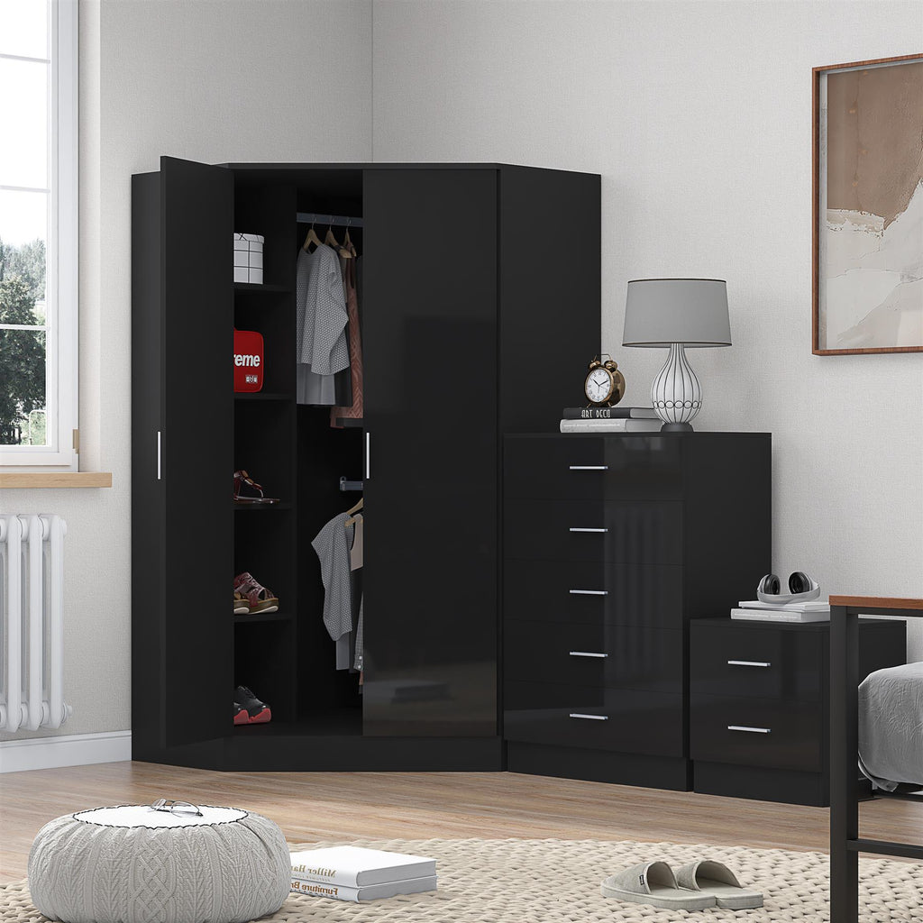 REFLECT Gloss 4pc Set - 2 Door Corner Wardrobe + 5 Draw Chest + Bedside
