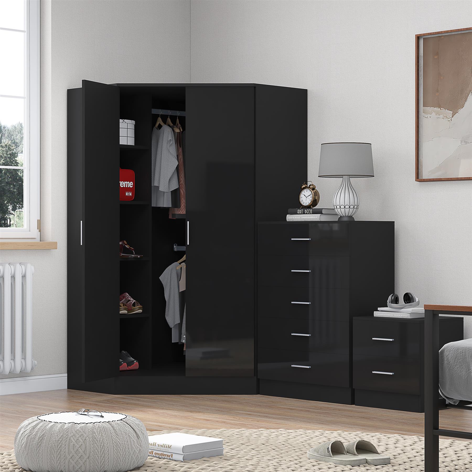 REFLECT Gloss 4pc Set - 2 Door Corner Wardrobe + 5 Draw Chest + Bedside