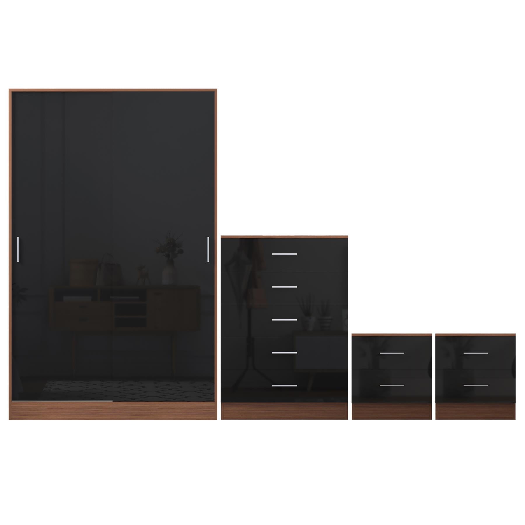 Reflect 2 Door Sliding Wardrobe, 5 Drawer Chest, 2x 2 Drawer Bedsides - Black Gloss & Walnut - Modern Bedroom Furniture Set