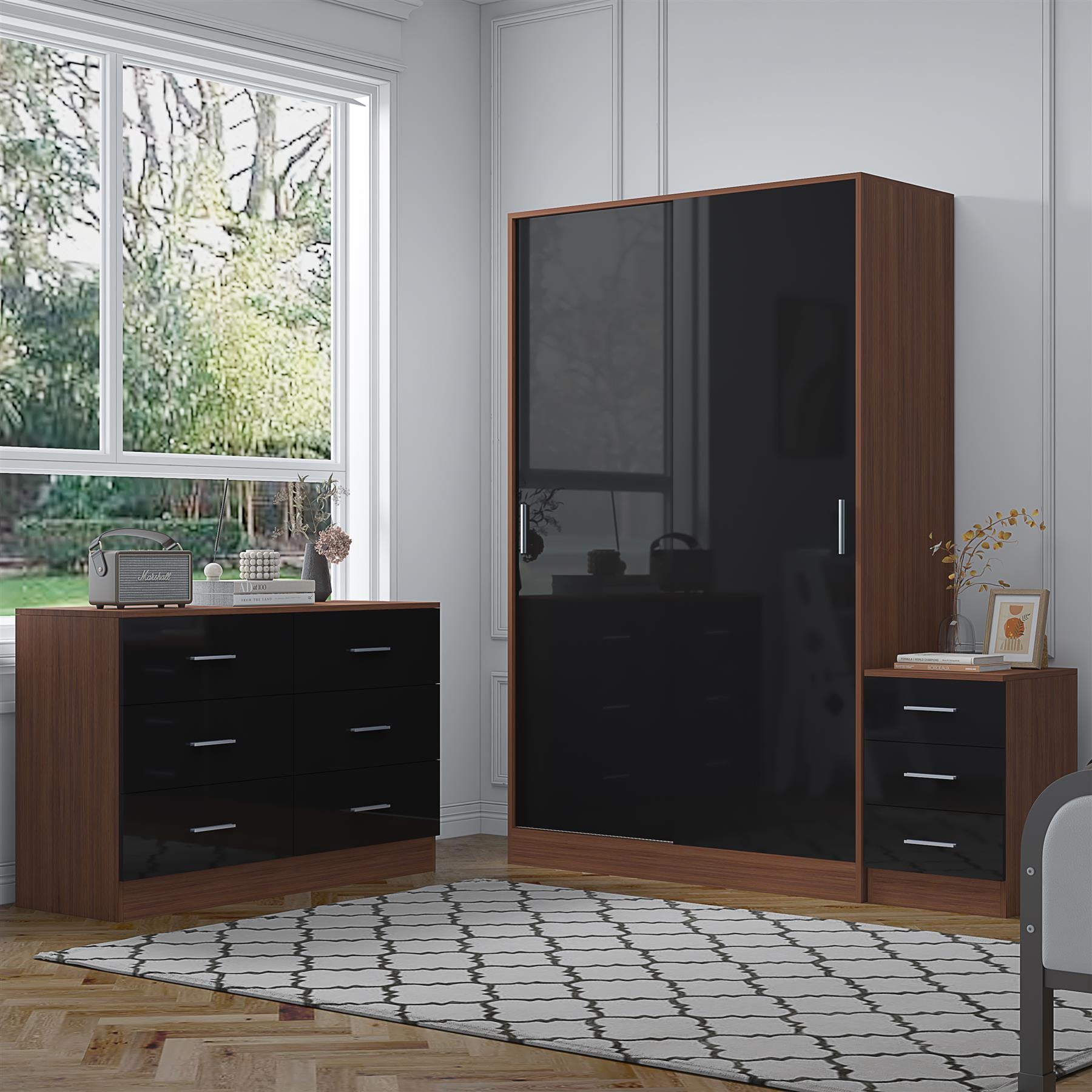 Reflect 2 Door Sliding Wardrobe, 6 Drawer Wide Chest, 3 Drawer Bedside - Black Gloss & Walnut - Modern Bedroom Furniture Set