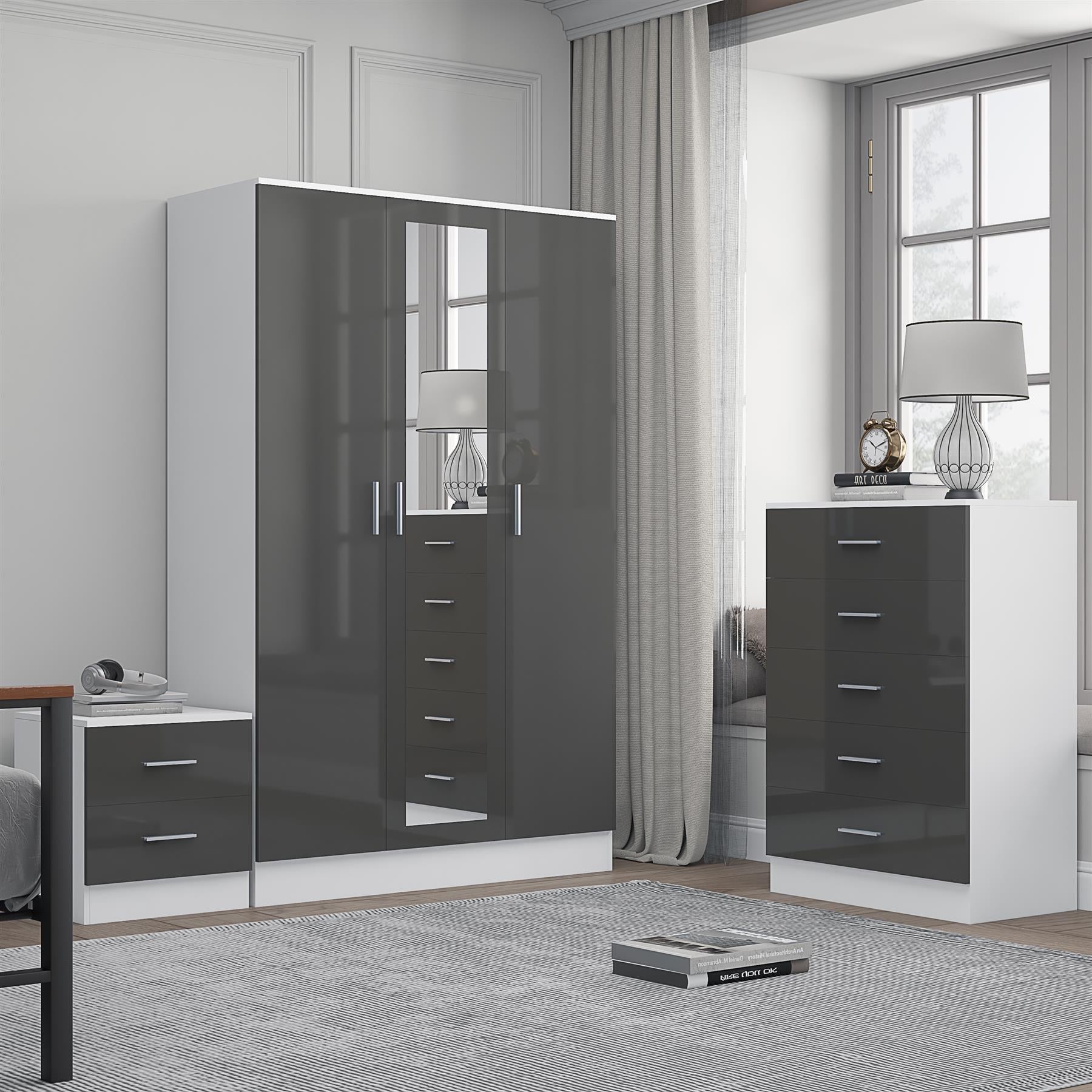 REFLECT Gloss 3pc Set - 3 Door Mirrored Wardrobe + 5 Draw Chest + Bedside