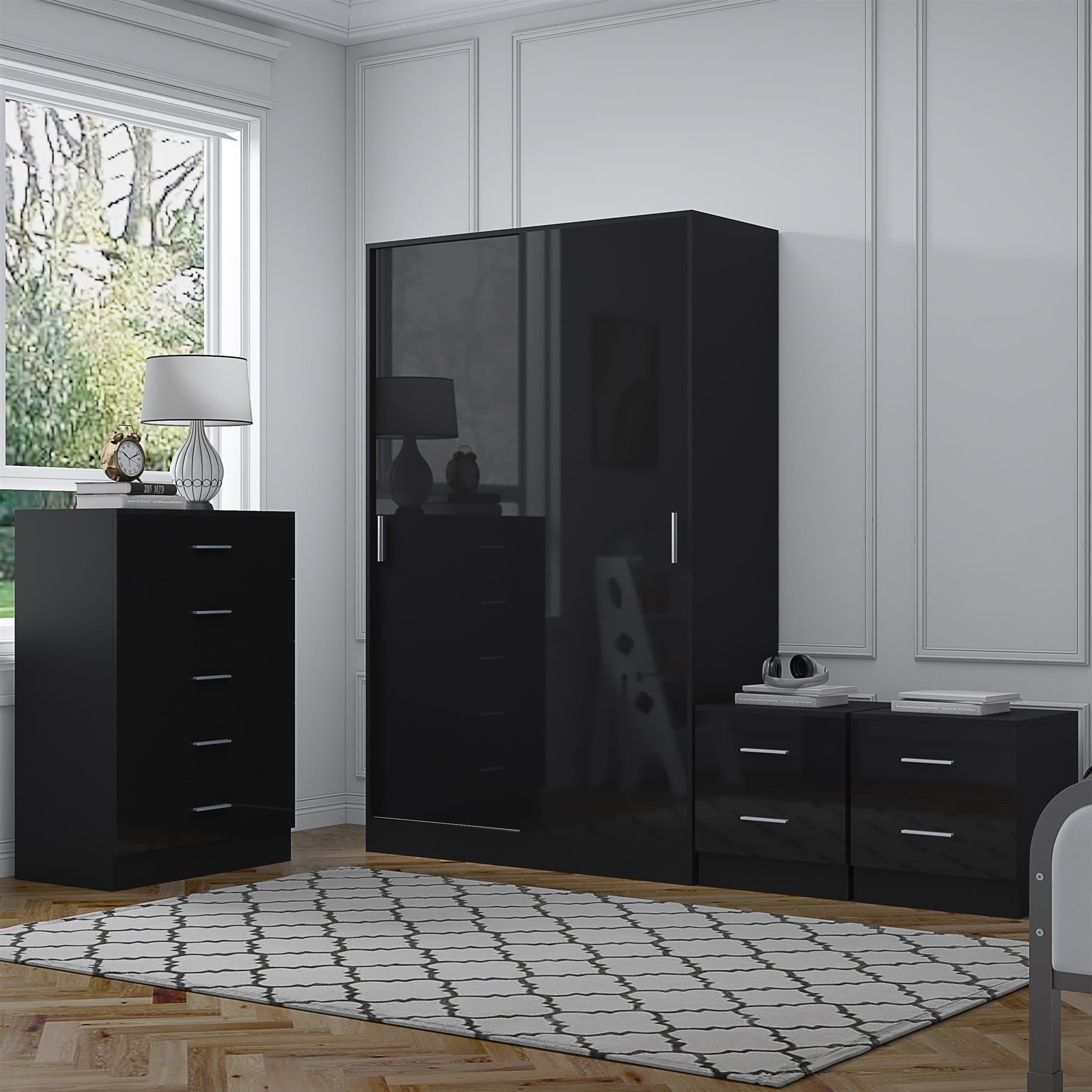 Reflect 2 Door Sliding Wardrobe, 5 Drawer Chest, 2x 2 Drawer Bedsides - Black Gloss & Black Oak - Modern Bedroom Furniture Set