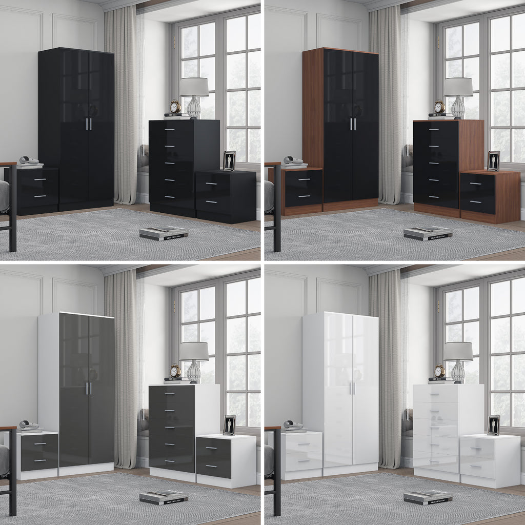 REFLECT Gloss 4pc Bedroom Set - 2 Door Wardrobe + 5 Draw Chest + 2 Bedsides