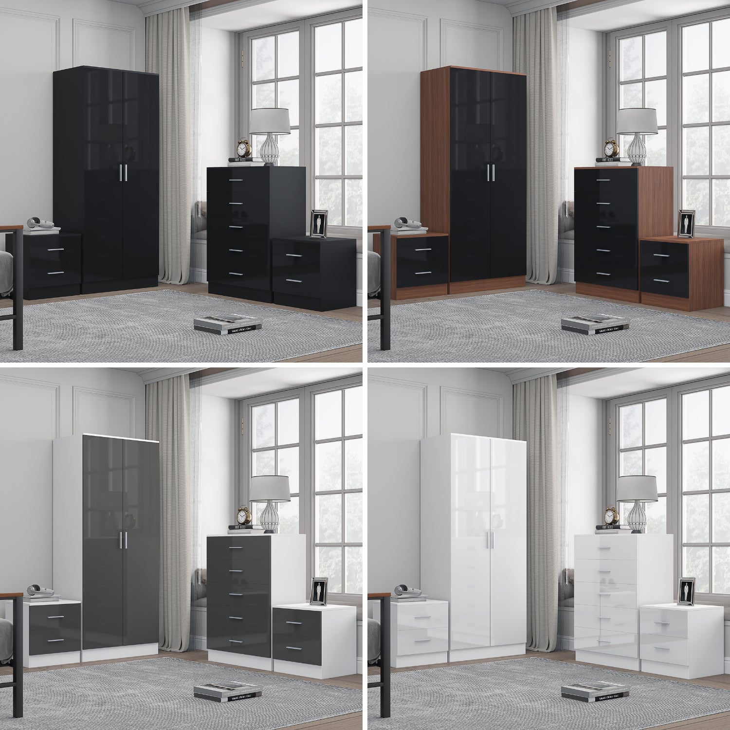 REFLECT Gloss 4pc Bedroom Set - 2 Door Wardrobe + 5 Draw Chest + 2 Bedsides