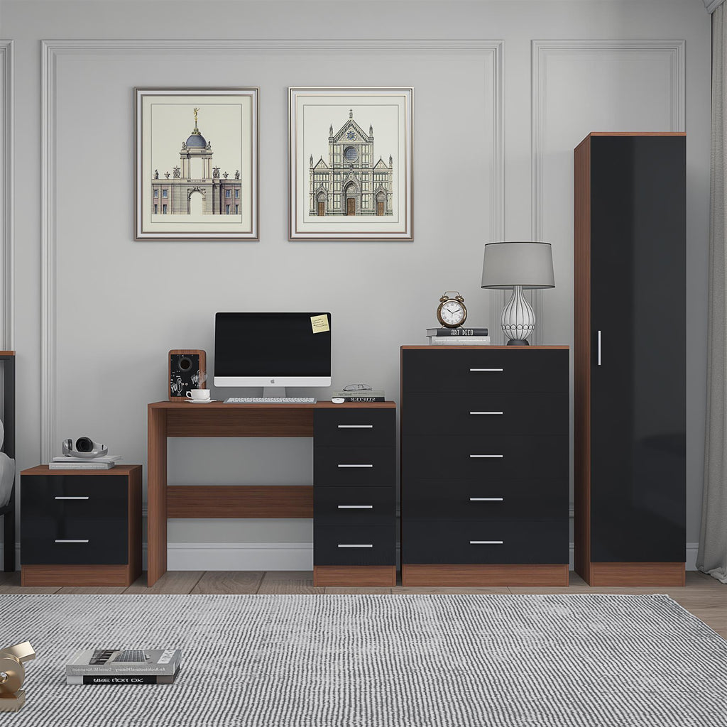 REFLECT Gloss 4pc Bedroom Set - 1 Door Wardrobe + 5 Draw Chest + Bedside + Desk