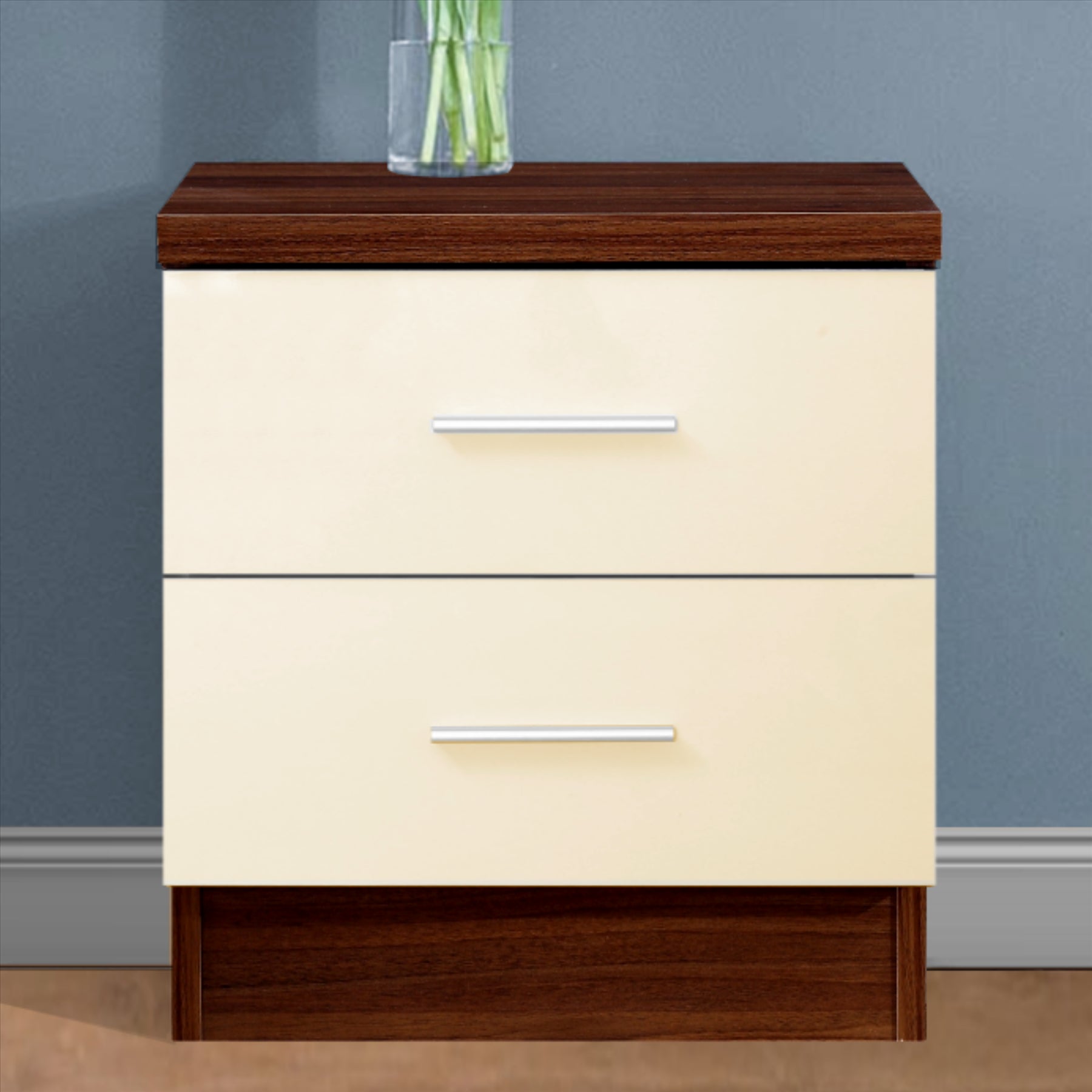Reflect 2 Drawer Bedside - Cream Gloss & Walnut - Modern Nightstand for Bedroom Storage - H: 48.5cm x W: 45cm x D: 39.5cm