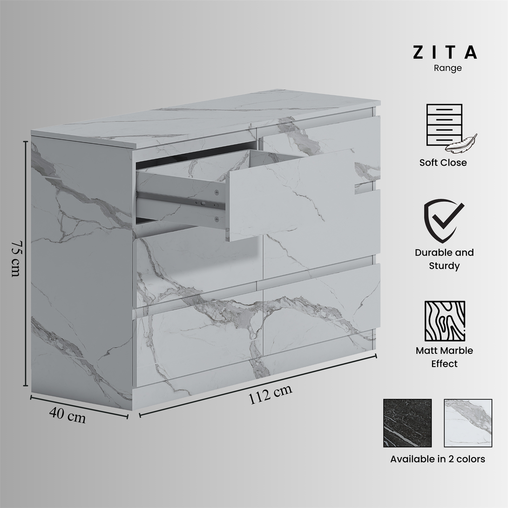 ZITA Bedroom Furniture Range Wardrobe Chest Bedside in White Marble Effect