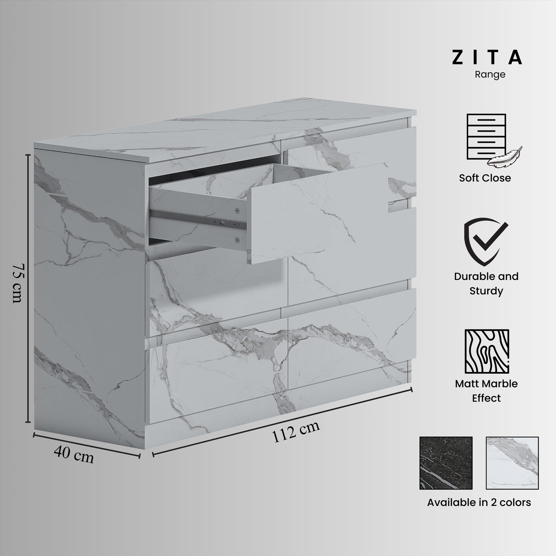 ZITA 6 Drawer Chest - White Marble Effect Wide Storage Unit