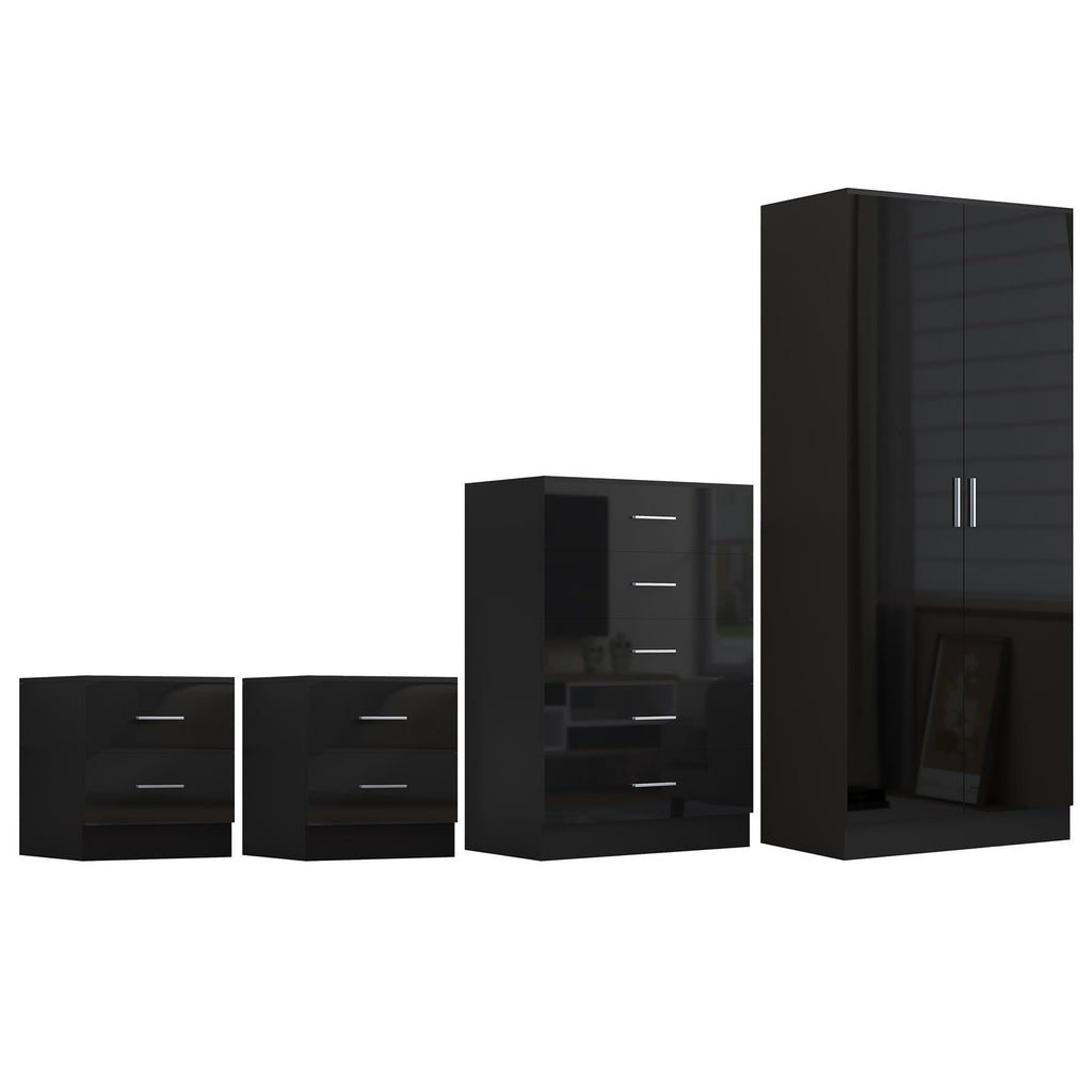 Reflect 2 Door Plain Wardrobe, 5 Drawer Chest, 2x 2 Drawer Bedsides - Black Gloss & Black Oak - Modern Bedroom Furniture Set