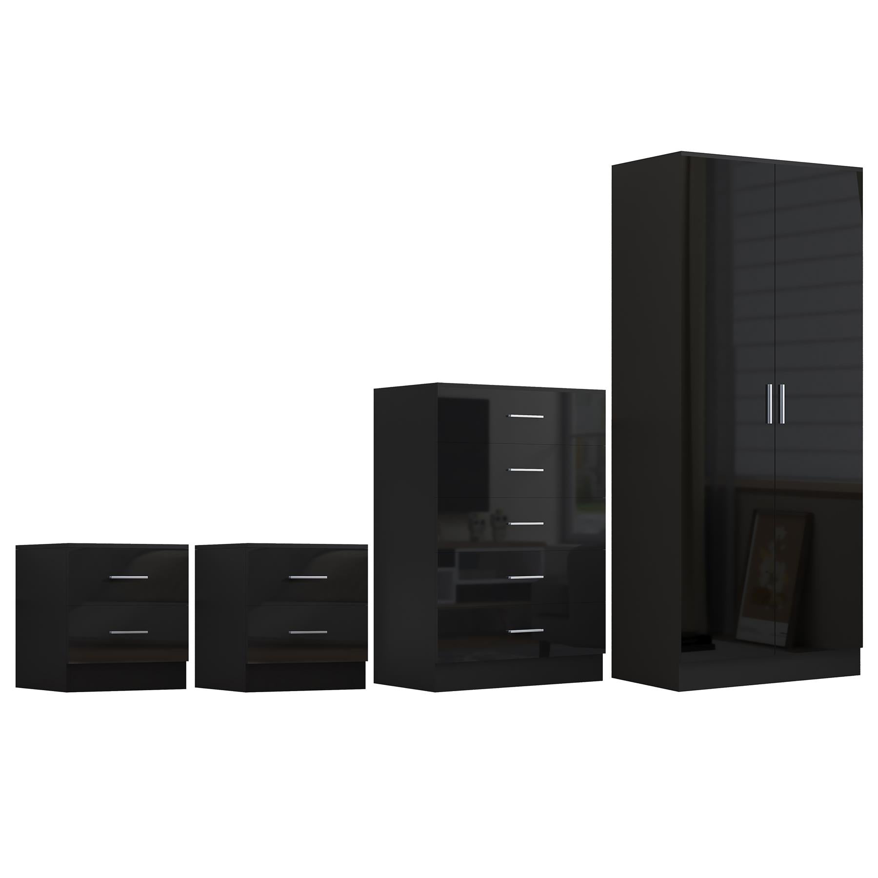 Reflect 2 Door Plain Wardrobe, 5 Drawer Chest, 2x 2 Drawer Bedsides - Black Gloss & Black Oak - Modern Bedroom Furniture Set