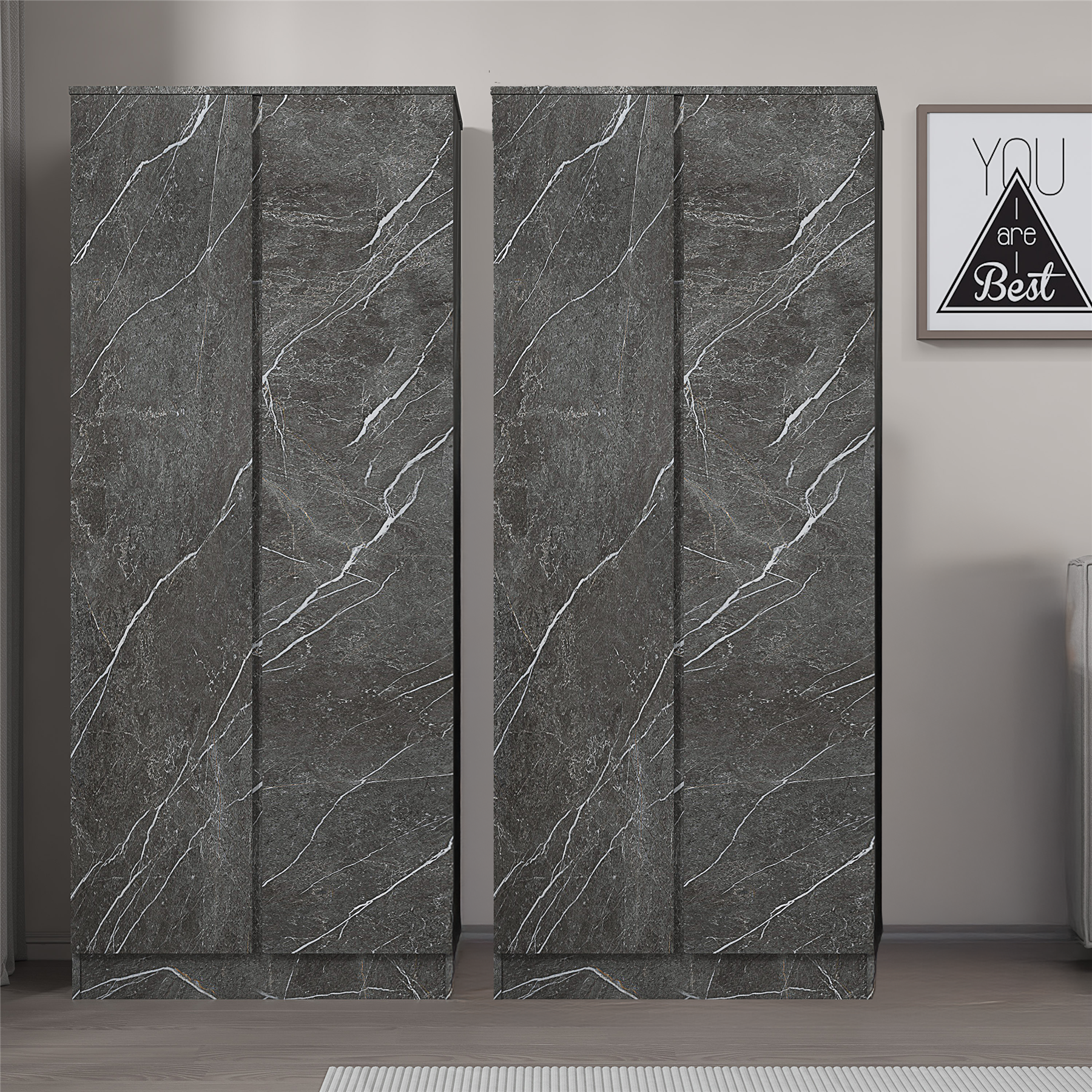 ZITA Grey Marble Effect 2 Piece Wardrobe Bundle - 2 x 2-Door Wardrobes, (L) 50cm x (W) 76cm x (H) 180cm.