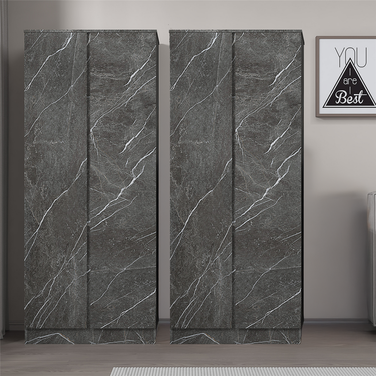 ZITA Grey Marble Effect 2 Piece Wardrobe Bundle - 2 x 2-Door Wardrobes, (L) 50cm x (W) 76cm x (H) 180cm.