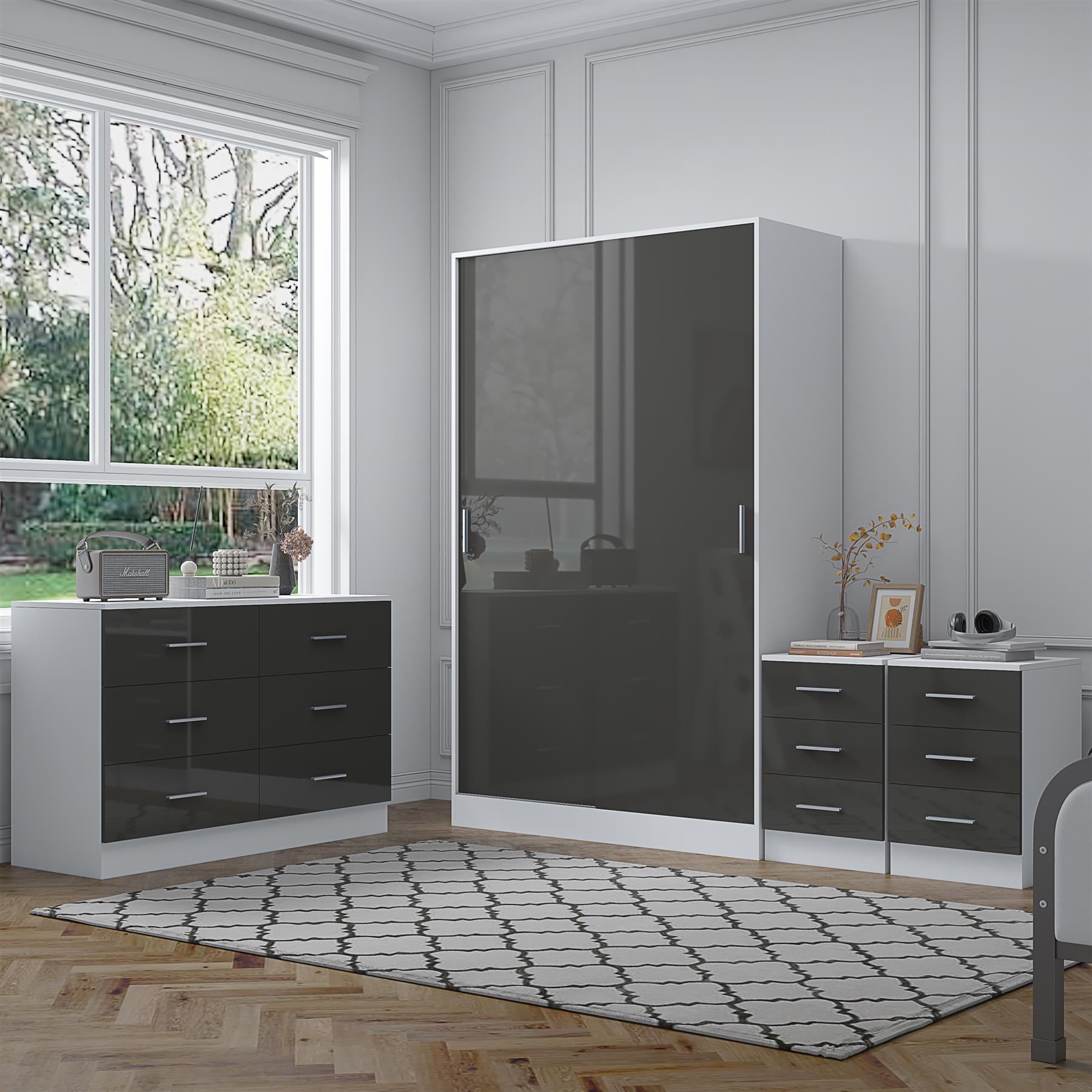 Reflect 2 Door Sliding Wardrobe, 6 Drawer Wide Chest, 2x3 Drawer Bedsides - Grey Gloss & Matt White - Modern Bedroom Furniture Set