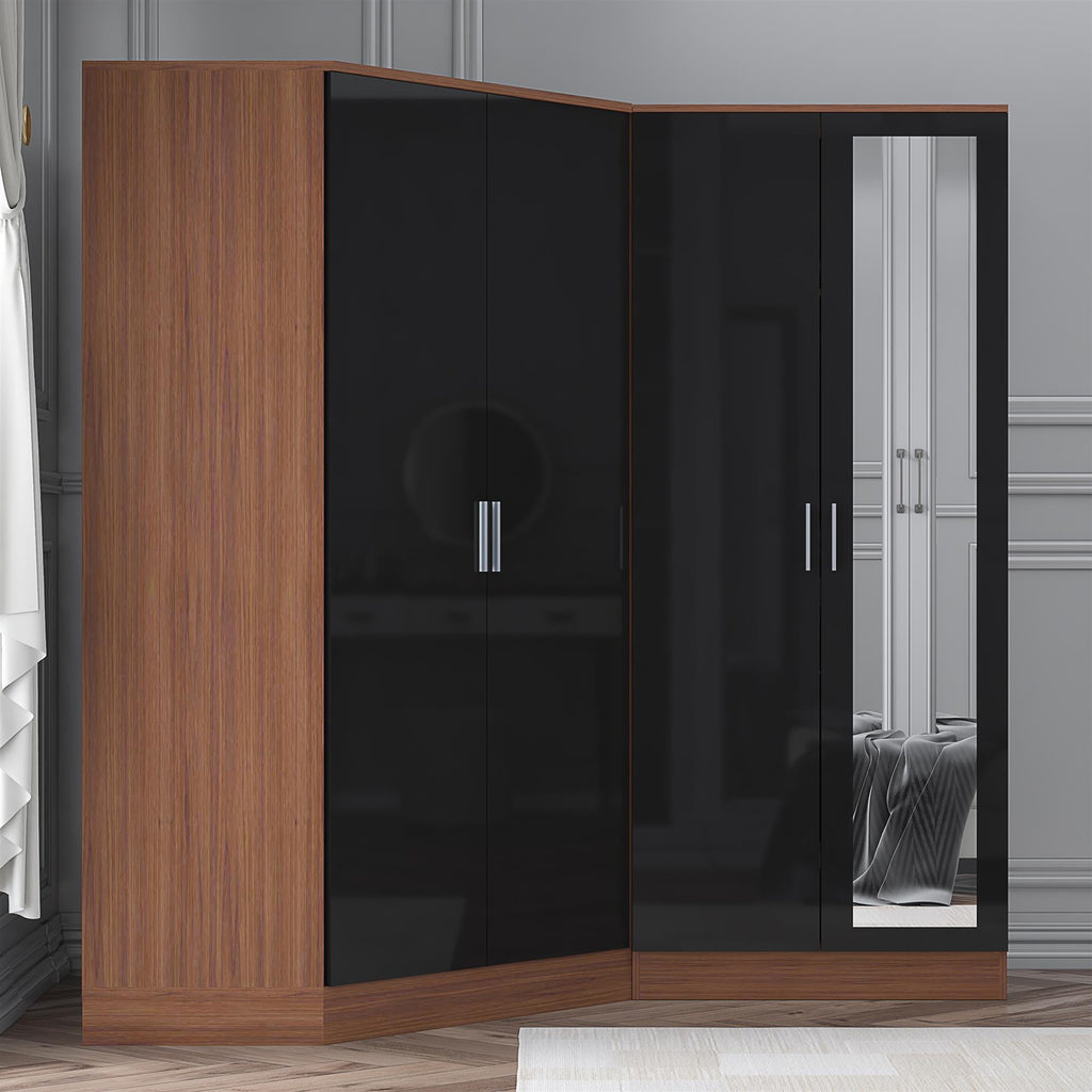 Reflect 2pc Wardrobe Bundle - 2 Door Corner + 2 Door Mirror - Black Gloss & Walnut - H: 180cm x W: 179cm x D: 103cm