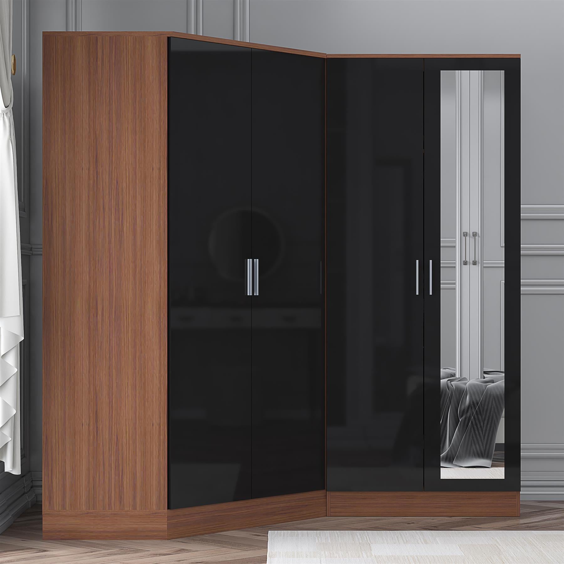 Reflect 2pc Wardrobe Bundle - 2 Door Corner + 2 Door Mirror - Black Gloss & Walnut - H: 180cm x W: 179cm x D: 103cm