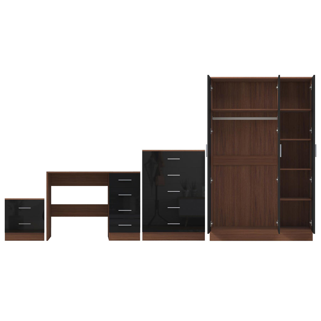 Reflect 3 Door Plain Wardrobe, 5 Drawer Chest, 2 Drawer Bedside & Desk - Black Gloss & Walnut - Modern Bedroom Furniture Set