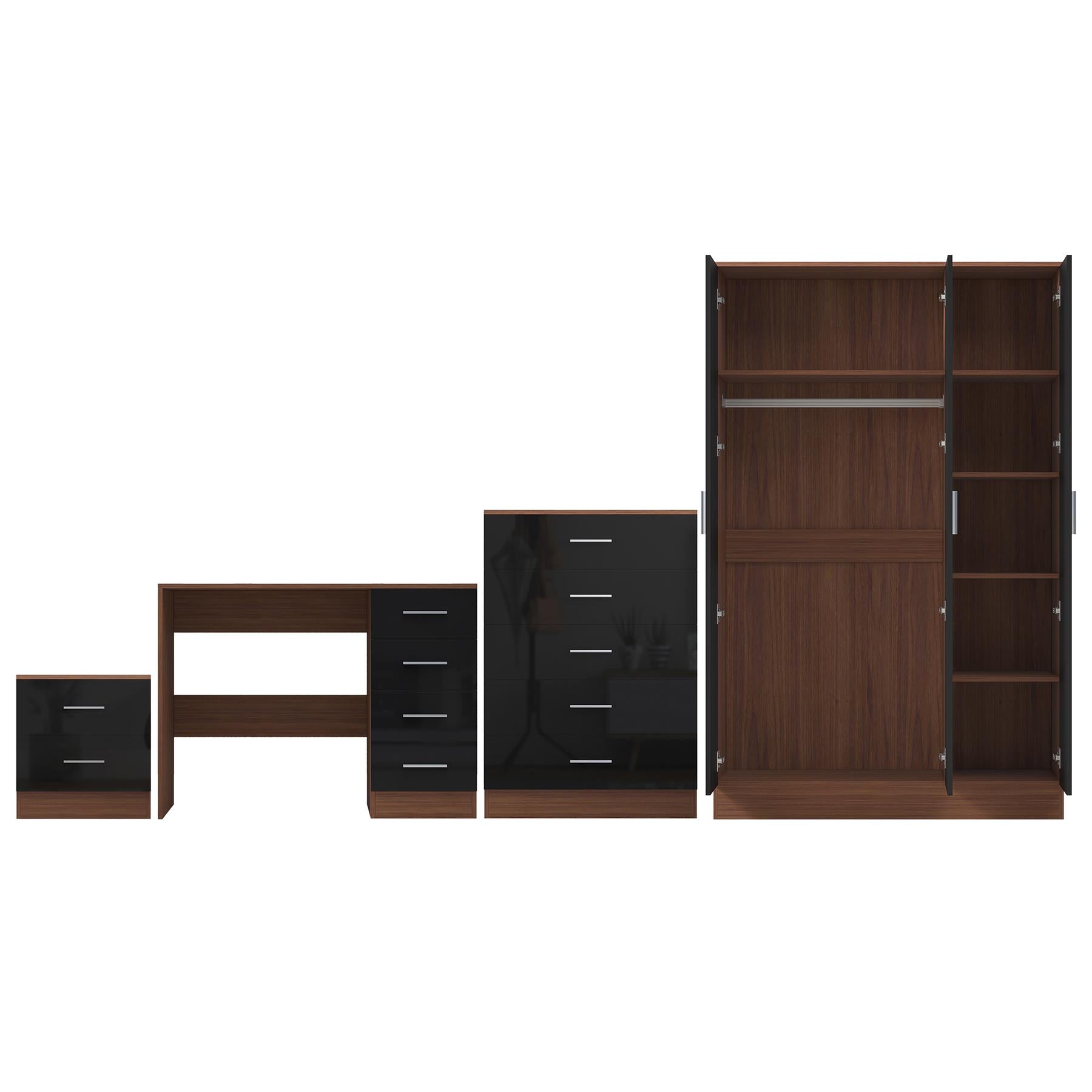 Reflect 3 Door Plain Wardrobe, 5 Drawer Chest, 2 Drawer Bedside & Desk - Black Gloss & Walnut - Modern Bedroom Furniture Set