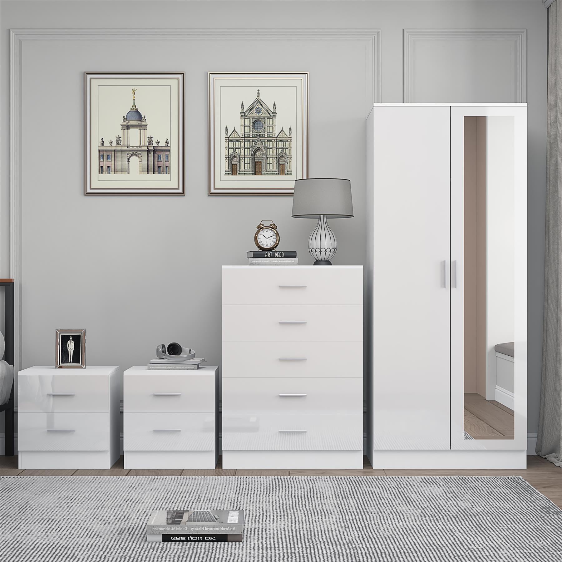 Reflect 2 Door Mirror Wardrobe, 5 Drawer Chest, 2x 2 Drawer Bedsides - White Gloss & Matt White - Modern Bedroom Furniture Set