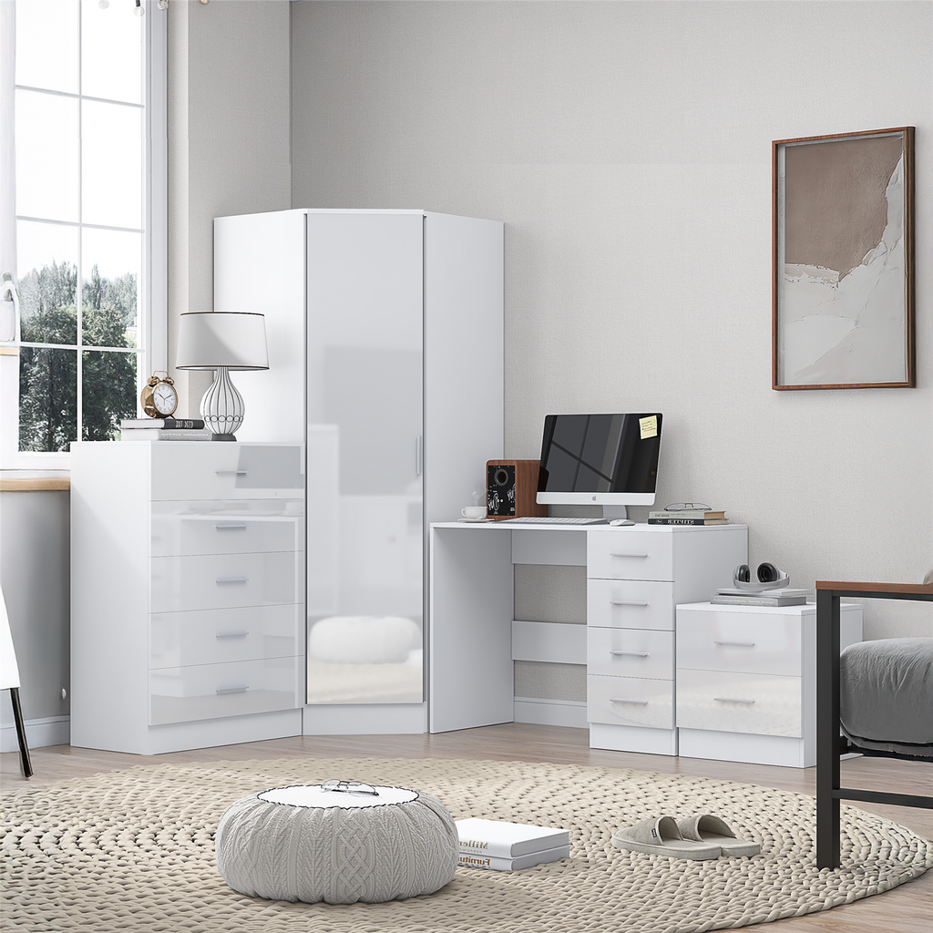 REFLECT - 1 Door Corner + 5 Drawer Chest + 2 Drawer Bedside + 4 Drawer Desk in Gloss White / Matt White