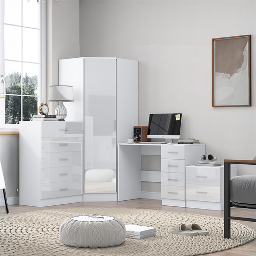 REFLECT - 1 Door Corner + 5 Drawer Chest + 2 Drawer Bedside + 4 Drawer Desk in Gloss White / Matt White