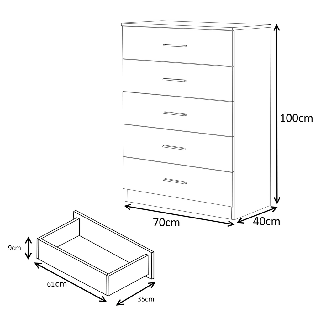 REFLECT Gloss 4pc Set - 2 Door Mirrored Wardrobe + 5 Draw Chest + 2 Bedsides