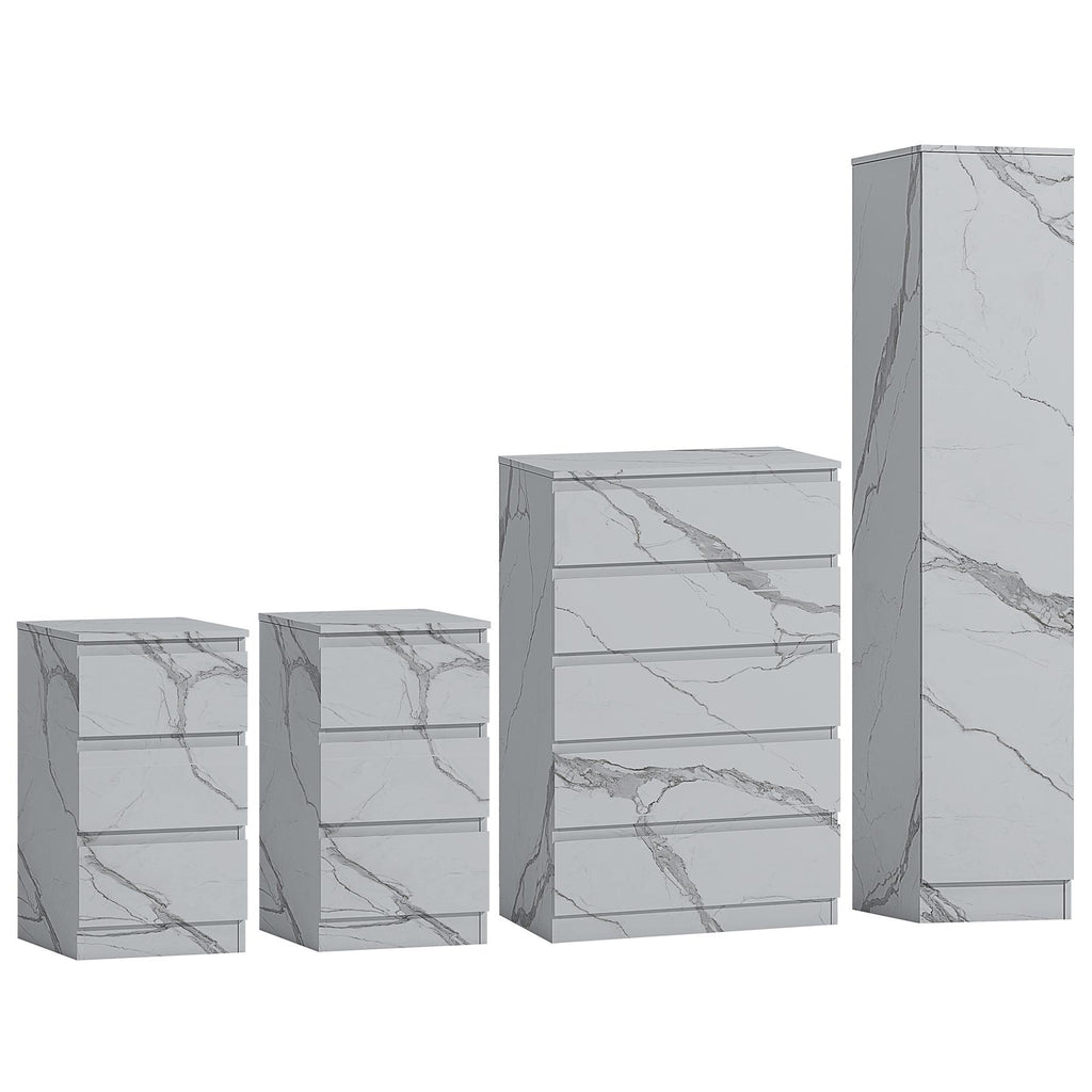 ZITA 4pc White Marble Effect Bedroom Set - 1-Door Wardrobe, Tall Chest & 2 Bedside Tables, Stylish Modern Storage Furniture