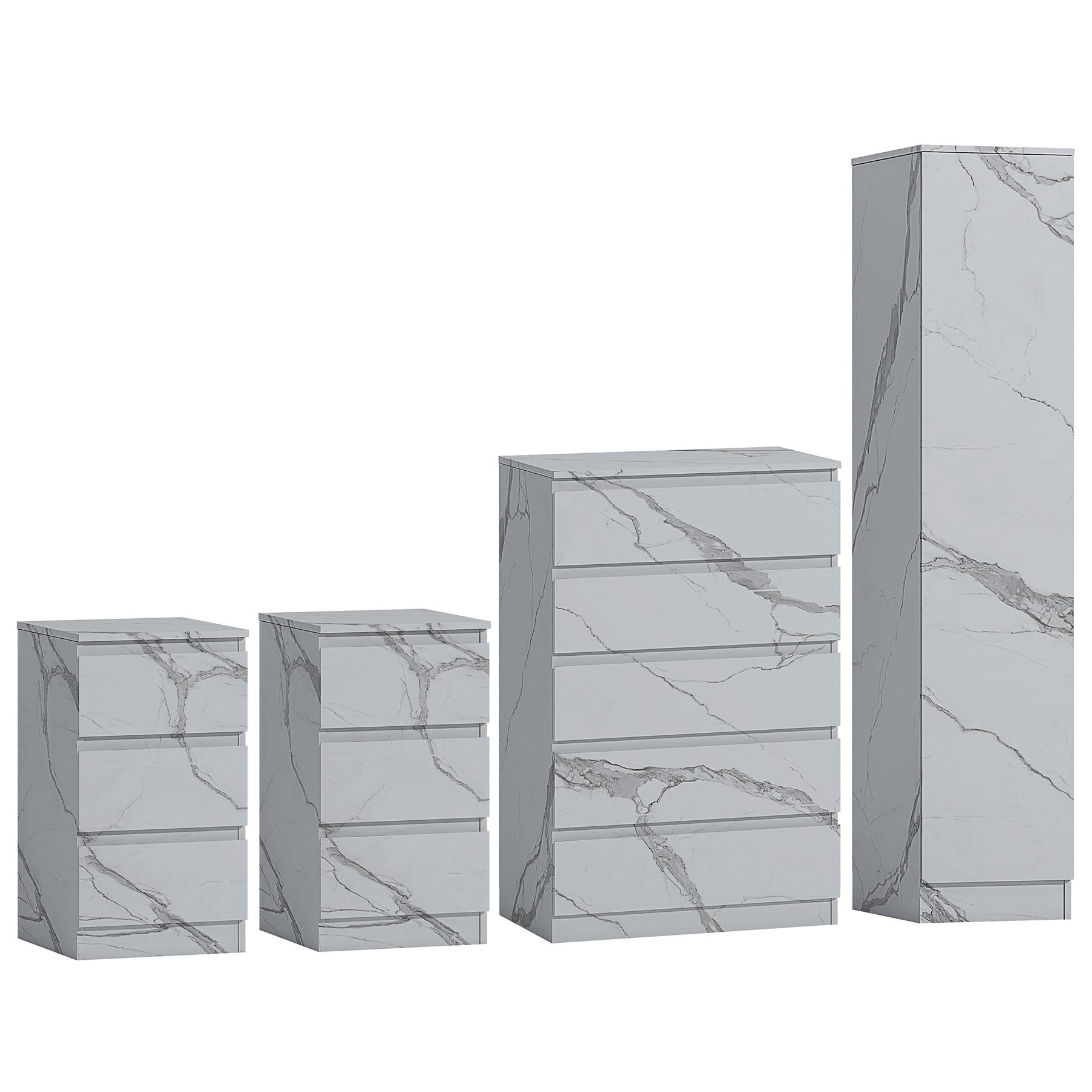 ZITA 4pc White Marble Effect Bedroom Set - 1-Door Wardrobe, Tall Chest & 2 Bedside Tables, Stylish Modern Storage Furniture