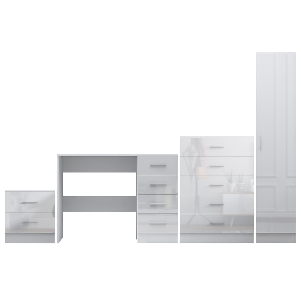 Reflect 1 Door Plain Wardrobe, 5 Drawer Chest, 2 Drawer Bedside & Desk - White Gloss & Matt White - Bedroom Furniture Set