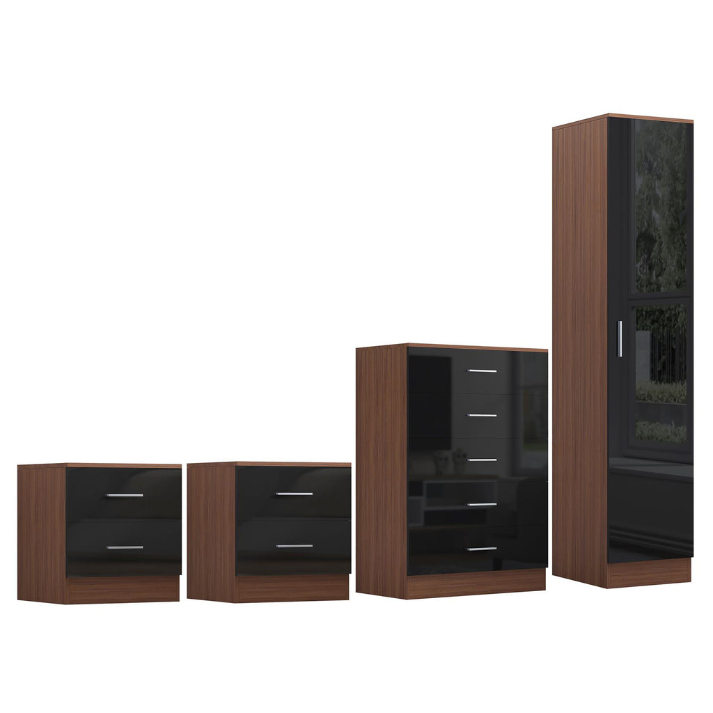 Reflect 1 Door Plain Wardrobe, 5 Drawer Chest, 2x 2 Drawer Bedsides - Black Gloss & Walnut - Modern Bedroom Furniture Set