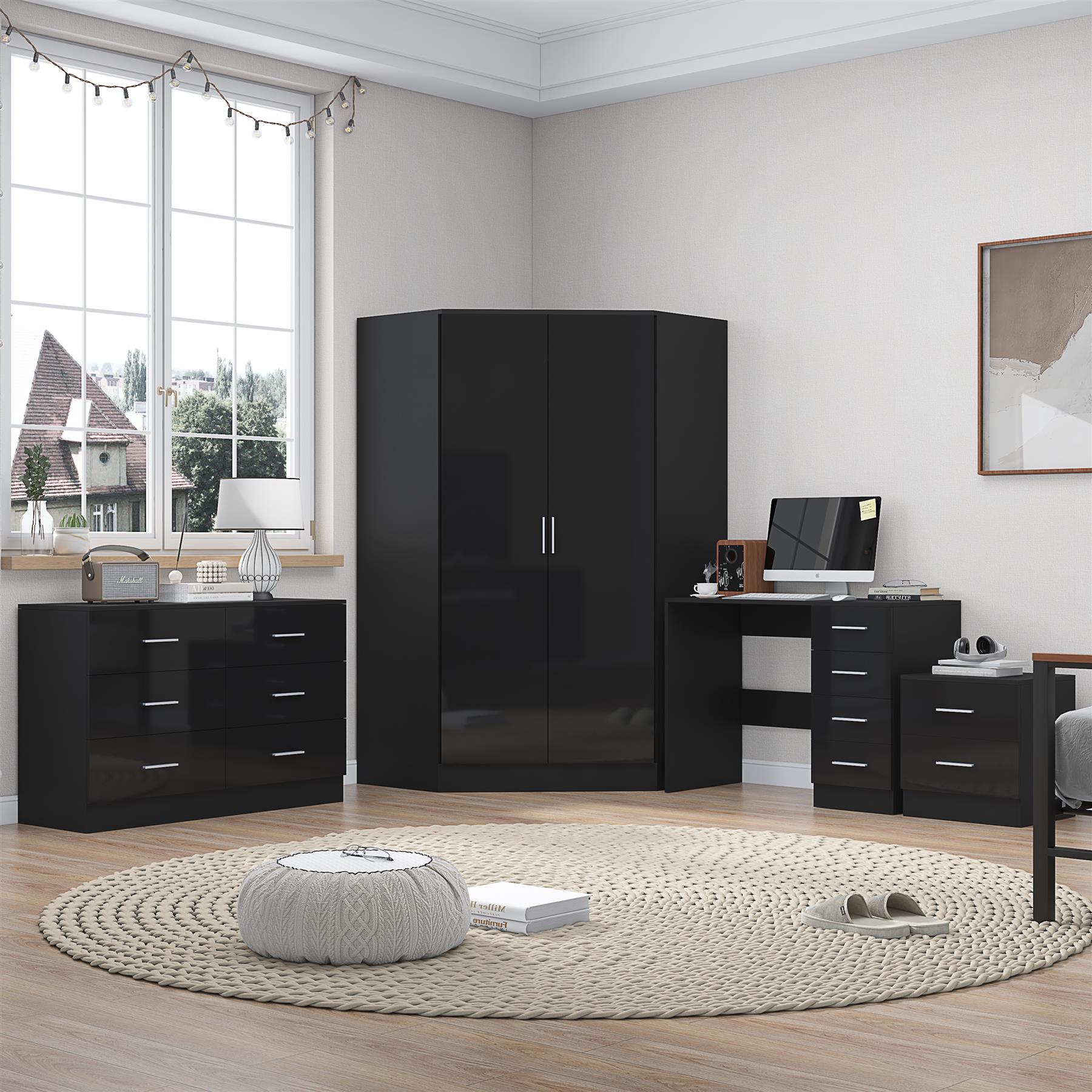 REFLECT - 2 Door CORNER + 6 Drawer Chest + 2 Drawer Bedside + 4 Drawer Desk - Gloss Black / Matt Black