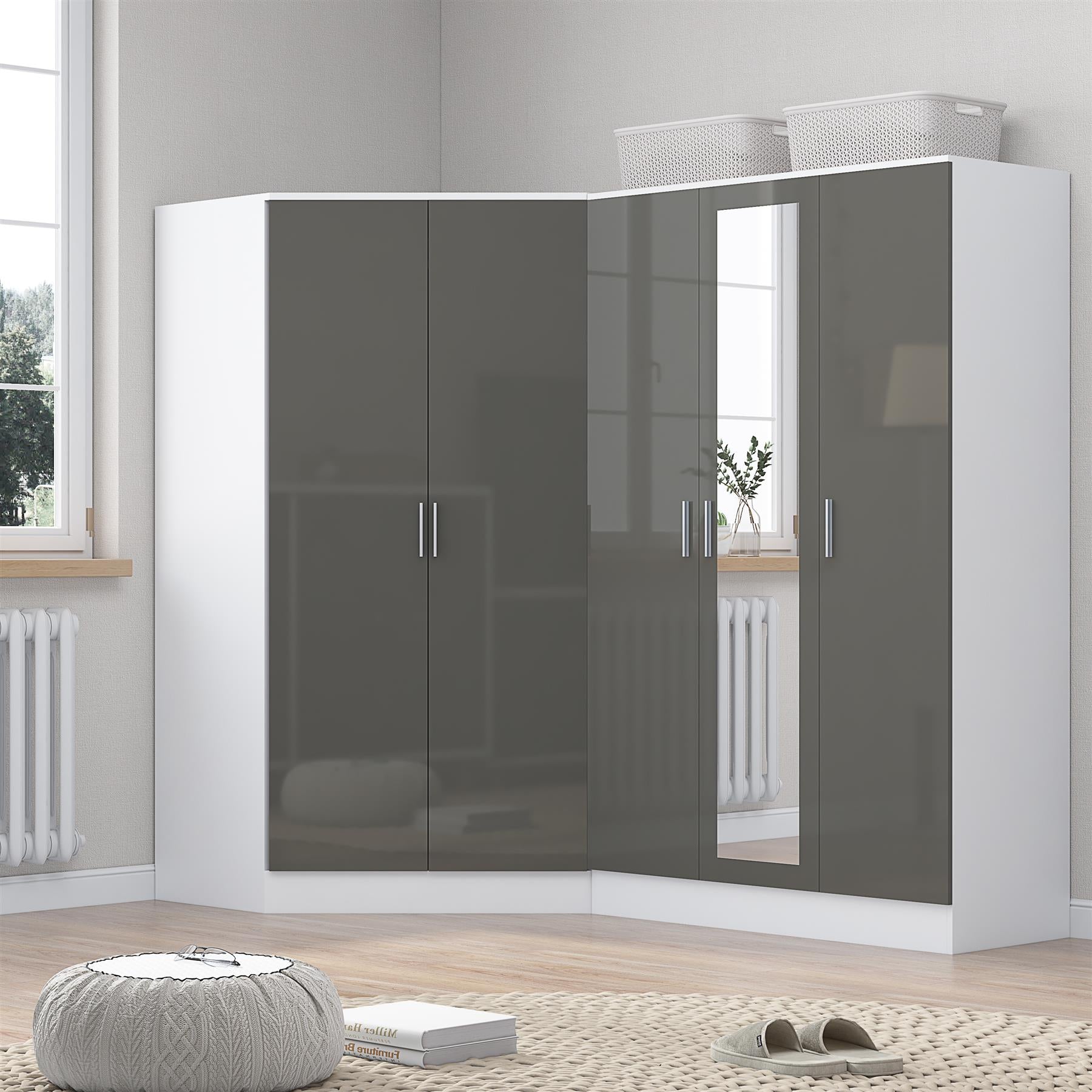 REFLECT Gloss 5 Door Wardrobe Bundle - 2 Door Corner + 3 Door Mirror Bedroom Set