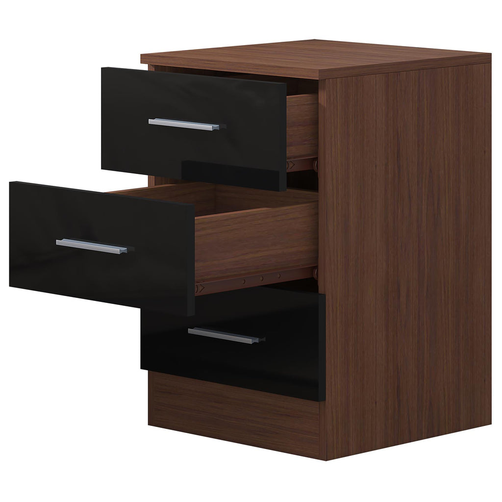 Reflect 3 Drawer Bedside - Black Gloss & Walnut - Modern Nightstand for Bedroom Storage - H: 59.5cm x W: 39.5cm x D: 38cm