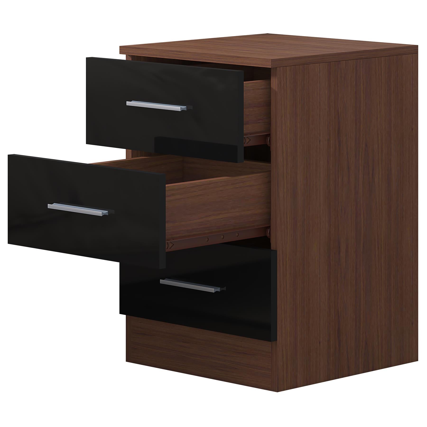 Reflect 3 Drawer Bedside - Black Gloss & Walnut - Modern Nightstand for Bedroom Storage - H: 59.5cm x W: 39.5cm x D: 38cm