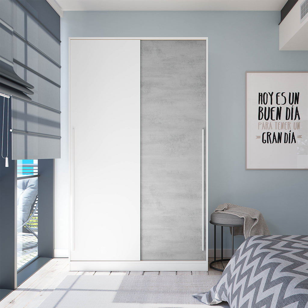 TOP 2 Door Large Modern Sliding Bedroom Wardrobe - White & Grey Finish - H: 200cm x W: 120cm x D: 50cm.