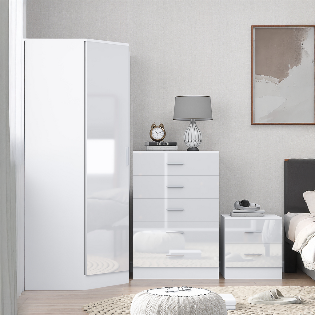 REFLECT - 1 Door Corner + 5 Drawer Chest + 2 Drawer Bedside in Gloss White / Matt White