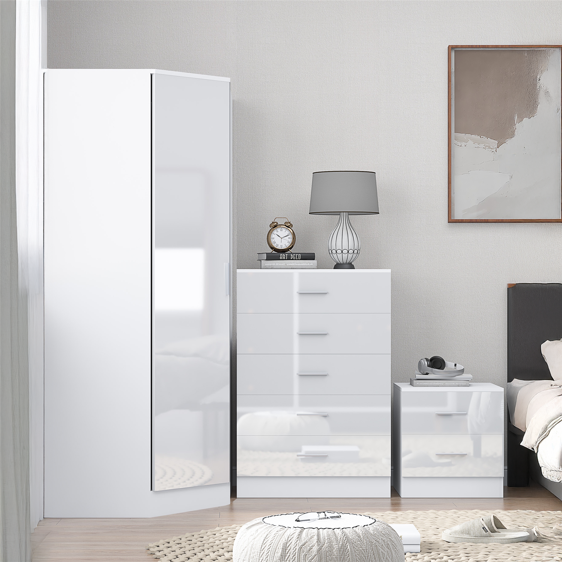 REFLECT - 1 Door Corner + 5 Drawer Chest + 2 Drawer Bedside in Gloss White / Matt White