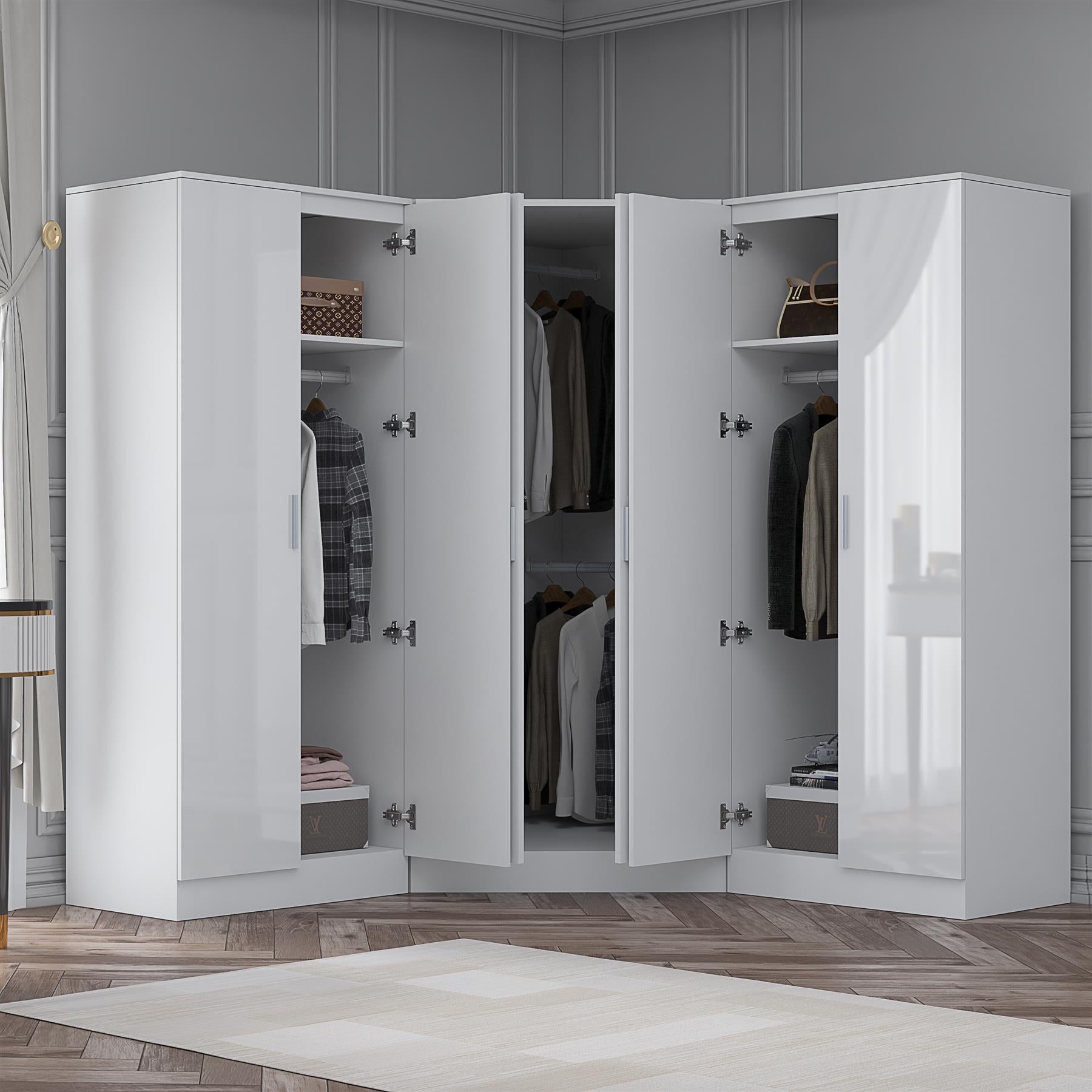 Reflect 3pc Wardrobe Bundle - 2 Door Corner + 2x 2 Door Plain - White Gloss & Matt White