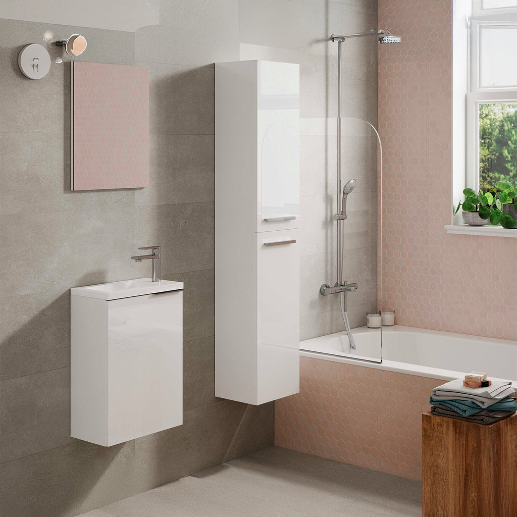 Gloss White 40cm Bathroom Vanity Unit with Sink and Mirror- Compact Basin Cabinet for Small Bathrooms.