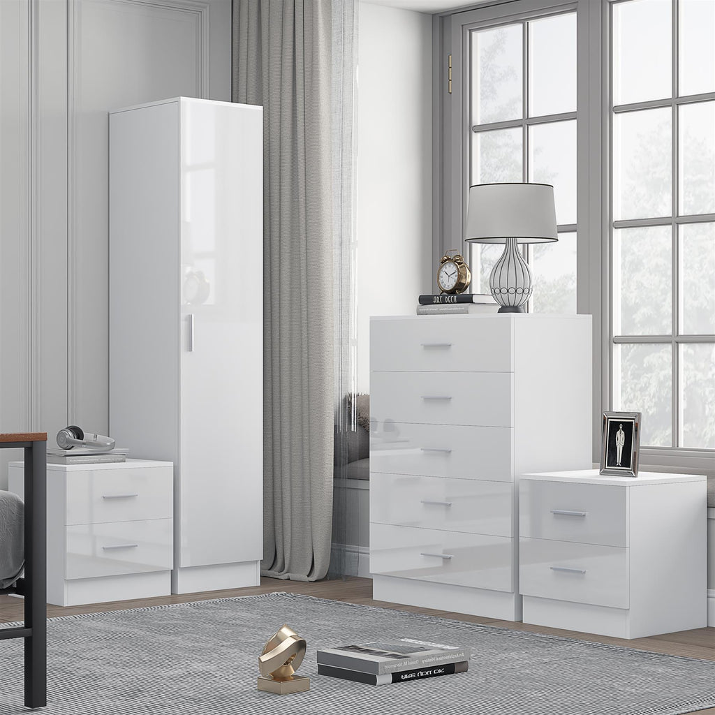 Reflect 1 Door Plain Wardrobe, 5 Drawer Chest, 2x 2 Drawer Bedsides - White Gloss & Matt White - Modern Bedroom Furniture Set
