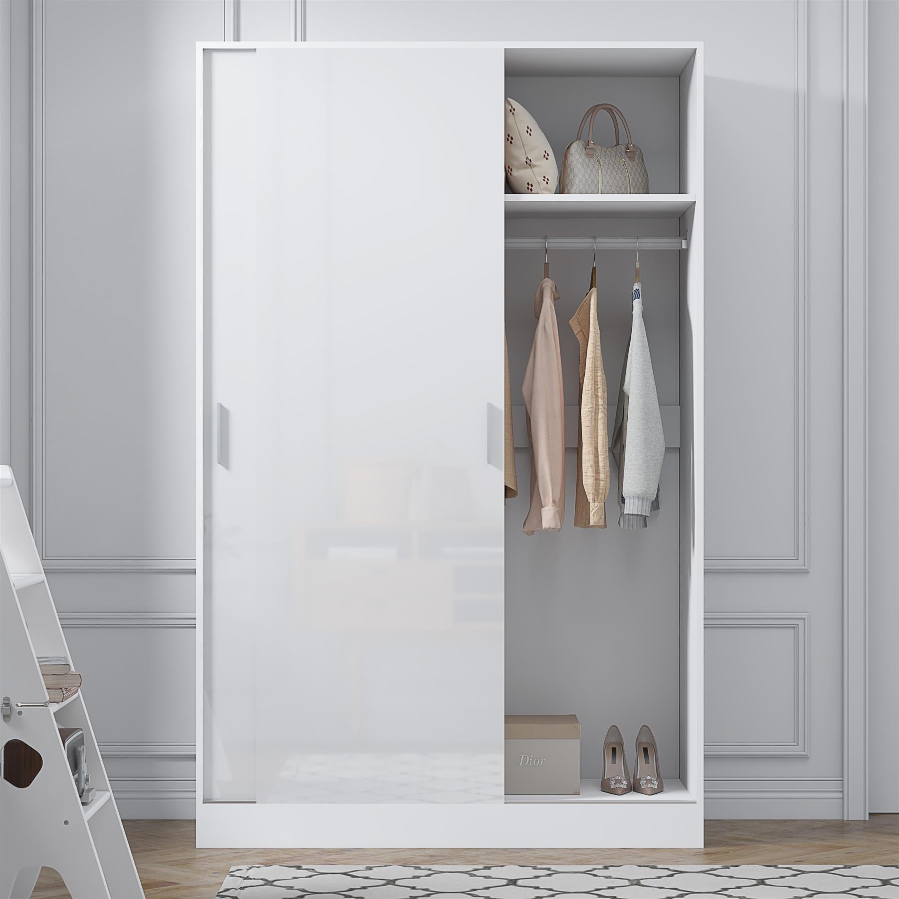 Reflect 2 Door Sliding Wardrobe - White Gloss & Matt White - Hanging Rails & Shelves - H:180cm x W:120cm x D: 58cm - Modern Design
