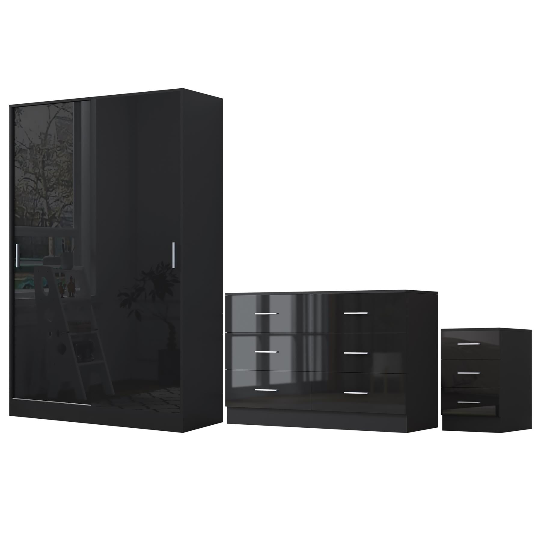 Reflect 2 Door Sliding Wardrobe, 6 Drawer Wide Chest, 3 Drawer Bedside - Black Gloss & Black Oak - Modern Bedroom Furniture Set